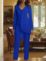 White V Neck Long Sleeves Floor Length Mother Of The Bride Pantsuits With Ruffle