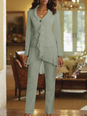White V Neck Long Sleeves Floor Length Mother Of The Bride Pantsuits With Ruffle