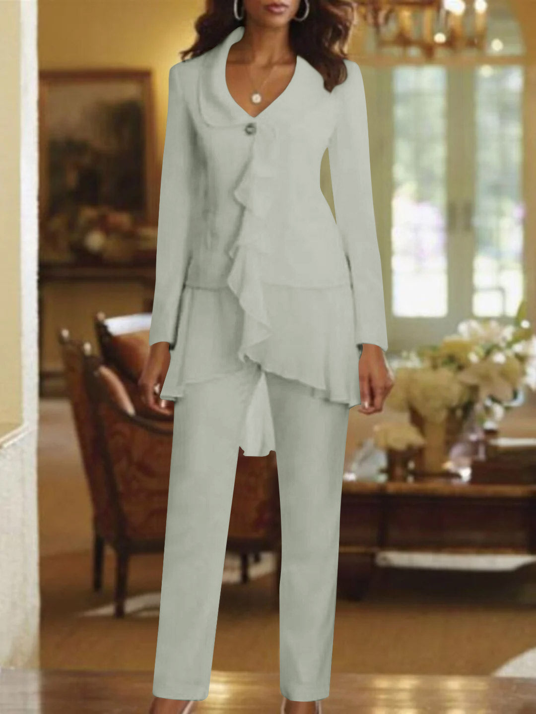 White V Neck Long Sleeves Floor Length Mother Of The Bride Pantsuits With Ruffle