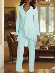 White V Neck Long Sleeves Floor Length Mother Of The Bride Pantsuits With Ruffle