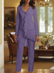 White V-Neck Long Sleeves Floor Length Mother of the Bride Pantsuits With Ruffle