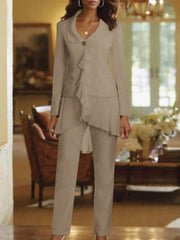 White V Neck Long Sleeves Floor Length Mother Of The Bride Pantsuits With Ruffle