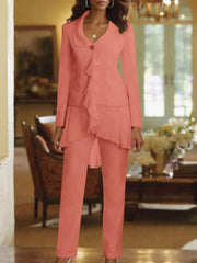 White V Neck Long Sleeves Floor Length Mother Of The Bride Pantsuits With Ruffle
