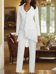 White V Neck Long Sleeves Floor Length Mother Of The Bride Pantsuits With Ruffle
