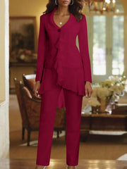 White V Neck Long Sleeves Floor Length Mother Of The Bride Pantsuits With Ruffle