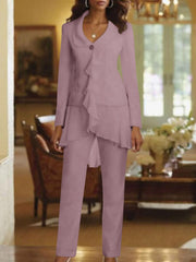 White V Neck Long Sleeves Floor Length Mother Of The Bride Pantsuits With Ruffle