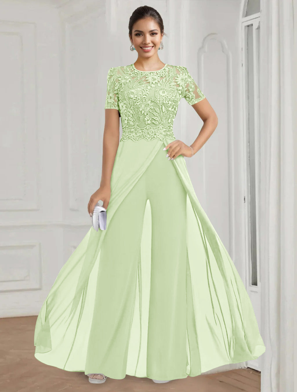 Stretch Chiffon Round Neck Short Sleeves Floor Length Mother Of The Bride Pantsuits With Appliques Lace