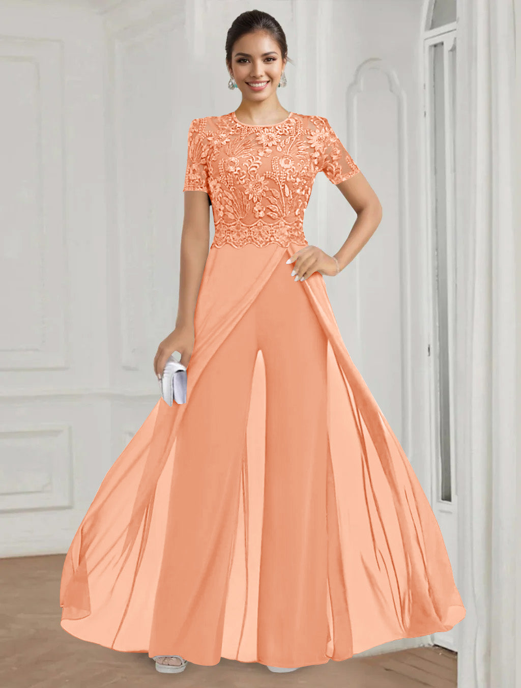 Stretch Chiffon Round Neck Short Sleeves Floor Length Mother Of The Bride Pantsuits With Appliques Lace