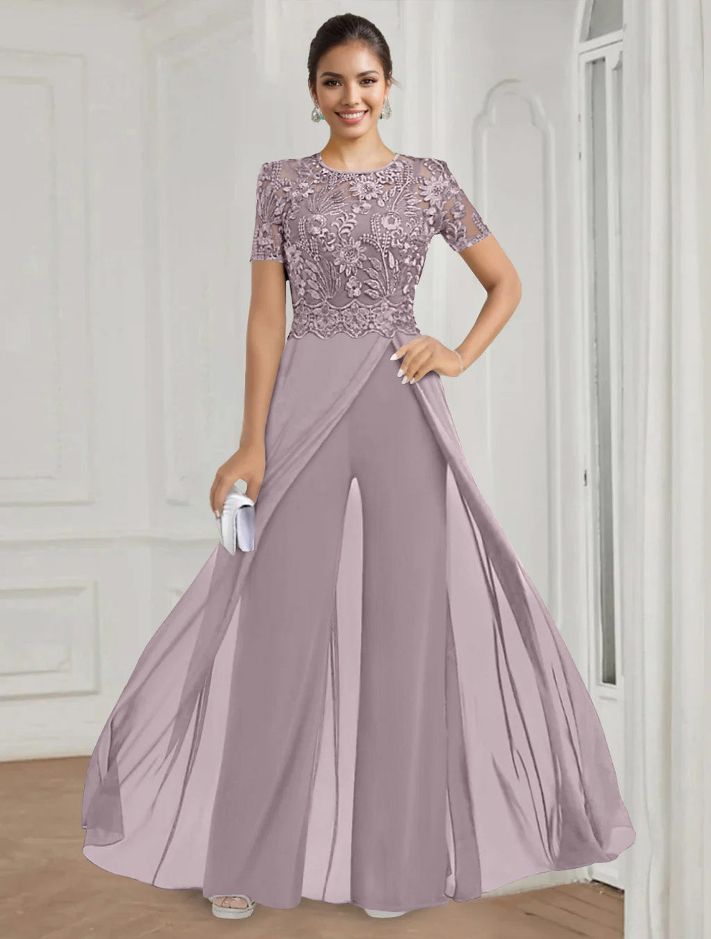 Stretch Chiffon Round Neck Short Sleeves Floor Length Mother Of The Bride Pantsuits With Appliques Lace