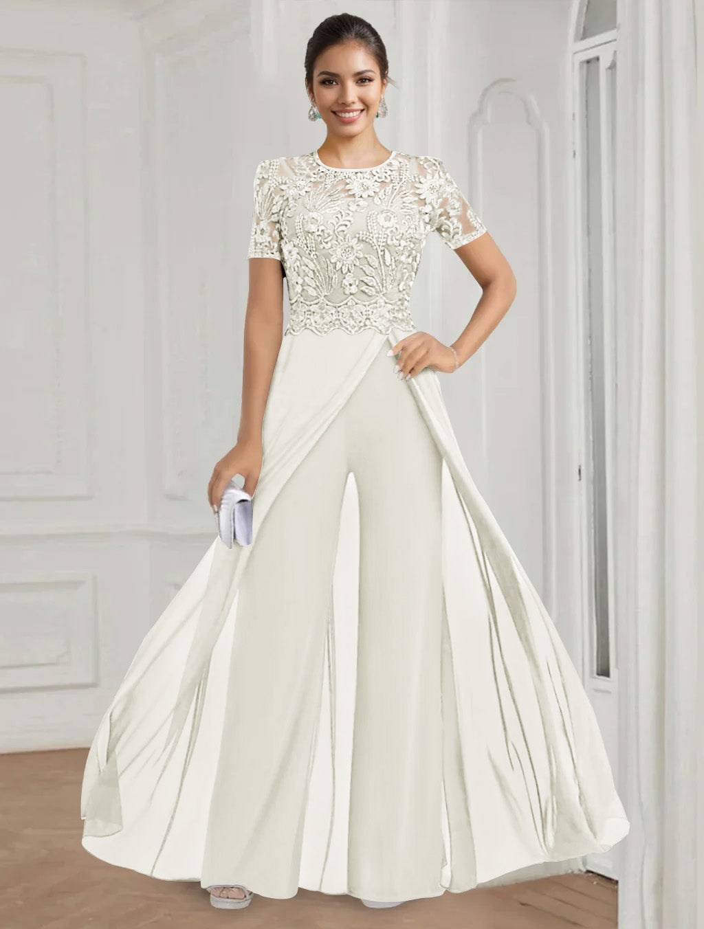 Stretch Chiffon Round Neck Short Sleeves Floor Length Mother Of The Bride Pantsuits With Appliques Lace
