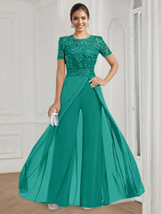 Stretch Chiffon Round Neck Short Sleeves Floor Length Mother Of The Bride Pantsuits With Appliques Lace