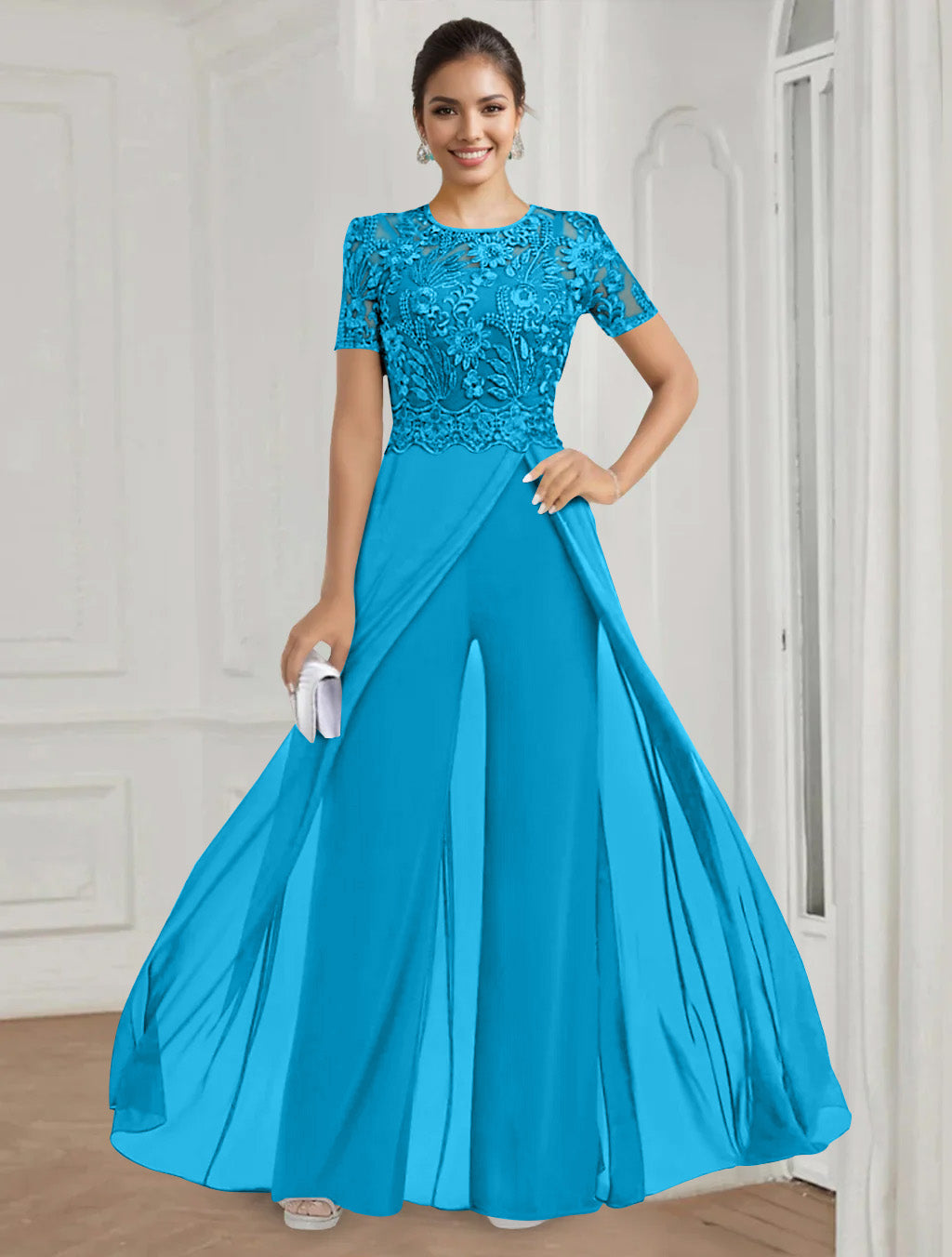 Stretch Chiffon Round Neck Short Sleeves Floor Length Mother Of The Bride Pantsuits With Appliques Lace