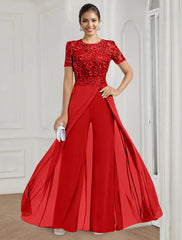 Stretch Chiffon Round Neck Short Sleeves Floor Length Mother Of The Bride Pantsuits With Appliques Lace
