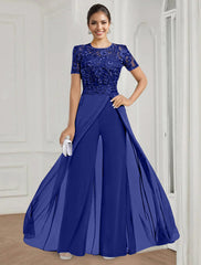 Stretch Chiffon Round Neck Short Sleeves Floor Length Mother Of The Bride Pantsuits With Appliques Lace
