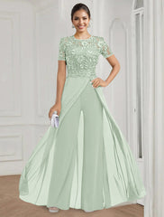 Stretch Chiffon Round Neck Short Sleeves Floor Length Mother Of The Bride Pantsuits With Appliques Lace