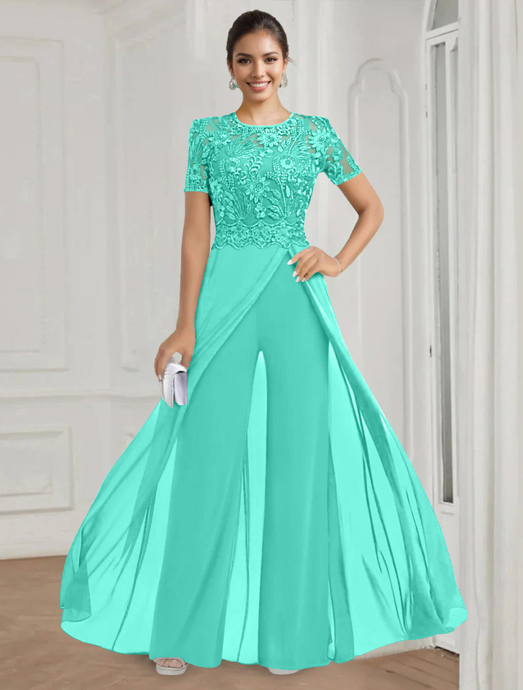 Stretch Chiffon Round Neck Short Sleeves Floor Length Mother Of The Bride Pantsuits With Appliques Lace