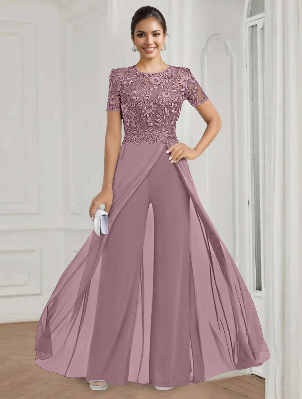 Stretch Chiffon Round Neck Short Sleeves Floor Length Mother Of The Bride Pantsuits With Appliques Lace