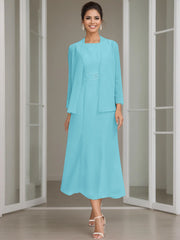 Sheath Column Jewel Neck Tea Length Mother Of The Bride Dresses With Jacket Beading