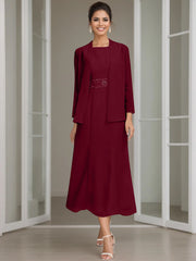 Sheath Column Jewel Neck Tea Length Mother Of The Bride Dresses With Jacket Beading