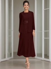 Sheath Column Jewel Neck Tea Length Mother Of The Bride Dresses With Jacket Beading