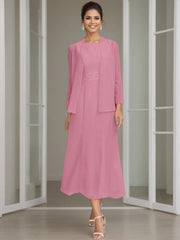 Sheath Column Jewel Neck Tea Length Mother Of The Bride Dresses With Jacket Beading