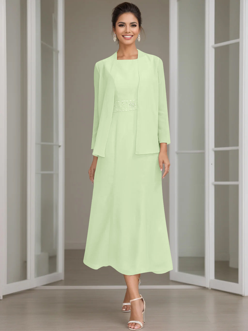 Sheath Column Jewel Neck Tea Length Mother Of The Bride Dresses With Jacket Beading