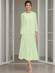 Sheath Column Jewel Neck Tea Length Mother Of The Bride Dresses With Jacket Beading