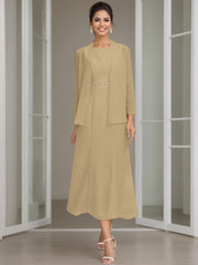 Sheath Column Jewel Neck Tea Length Mother Of The Bride Dresses With Jacket Beading