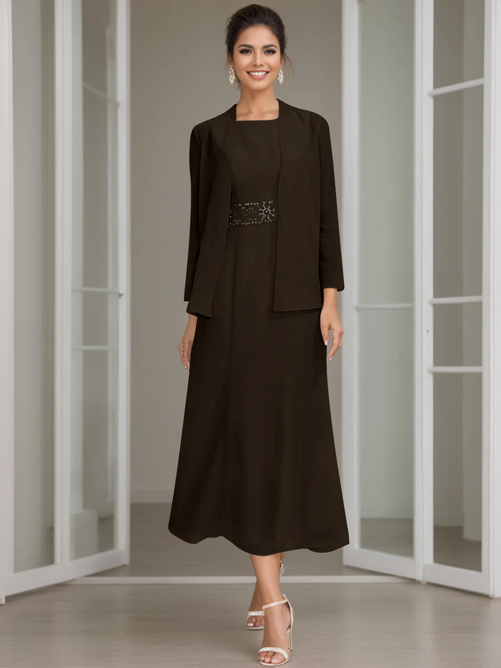 Sheath Column Jewel Neck Tea Length Mother Of The Bride Dresses With Jacket Beading