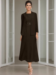 Sheath Column Jewel Neck Tea Length Mother Of The Bride Dresses With Jacket Beading