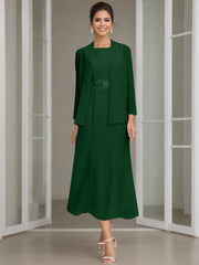 Sheath Column Jewel Neck Tea Length Mother Of The Bride Dresses With Jacket Beading