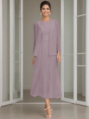 Sheath Column Jewel Neck Tea Length Mother Of The Bride Dresses With Jacket Beading