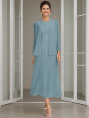 Sheath Column Jewel Neck Tea Length Mother Of The Bride Dresses With Jacket Beading