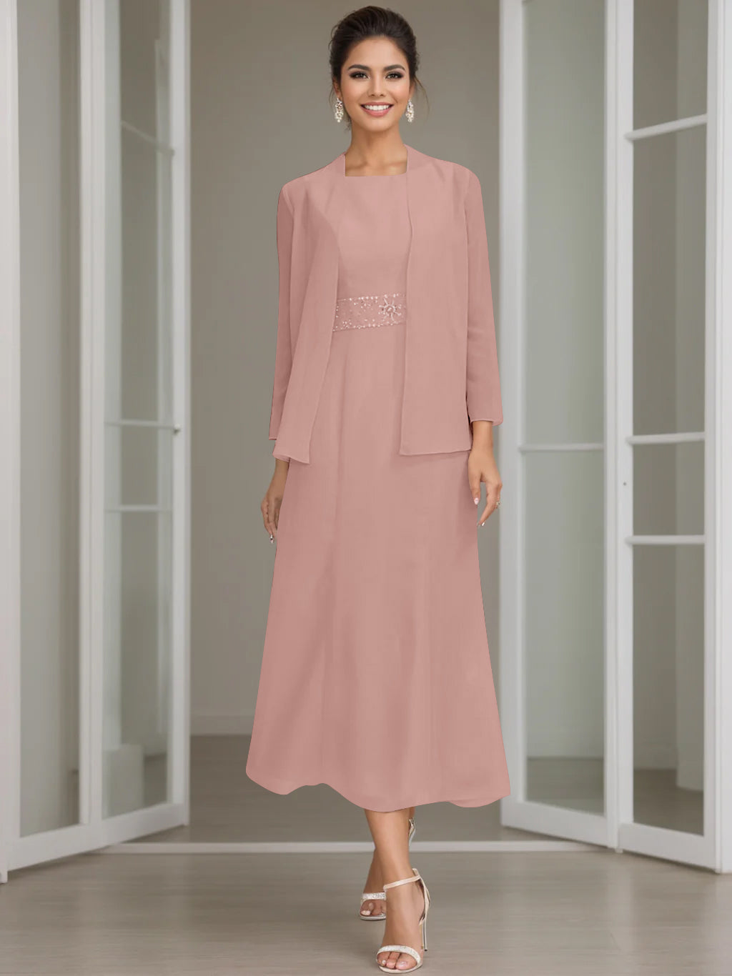 Sheath Column Jewel Neck Tea Length Mother Of The Bride Dresses With Jacket Beading