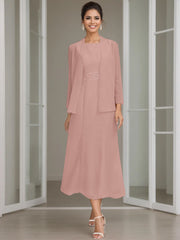 Sheath Column Jewel Neck Tea Length Mother Of The Bride Dresses With Jacket Beading