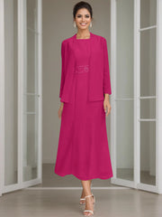 Sheath Column Jewel Neck Tea Length Mother Of The Bride Dresses With Jacket Beading
