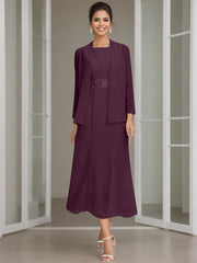 Sheath/Column Jewel Neck Tea Length Mother of the Bride Dresses with Jacket & Beading