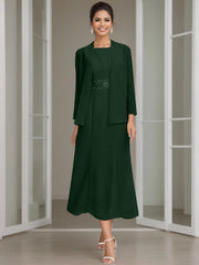 Sheath Column Jewel Neck Tea Length Mother Of The Bride Dresses With Jacket Beading