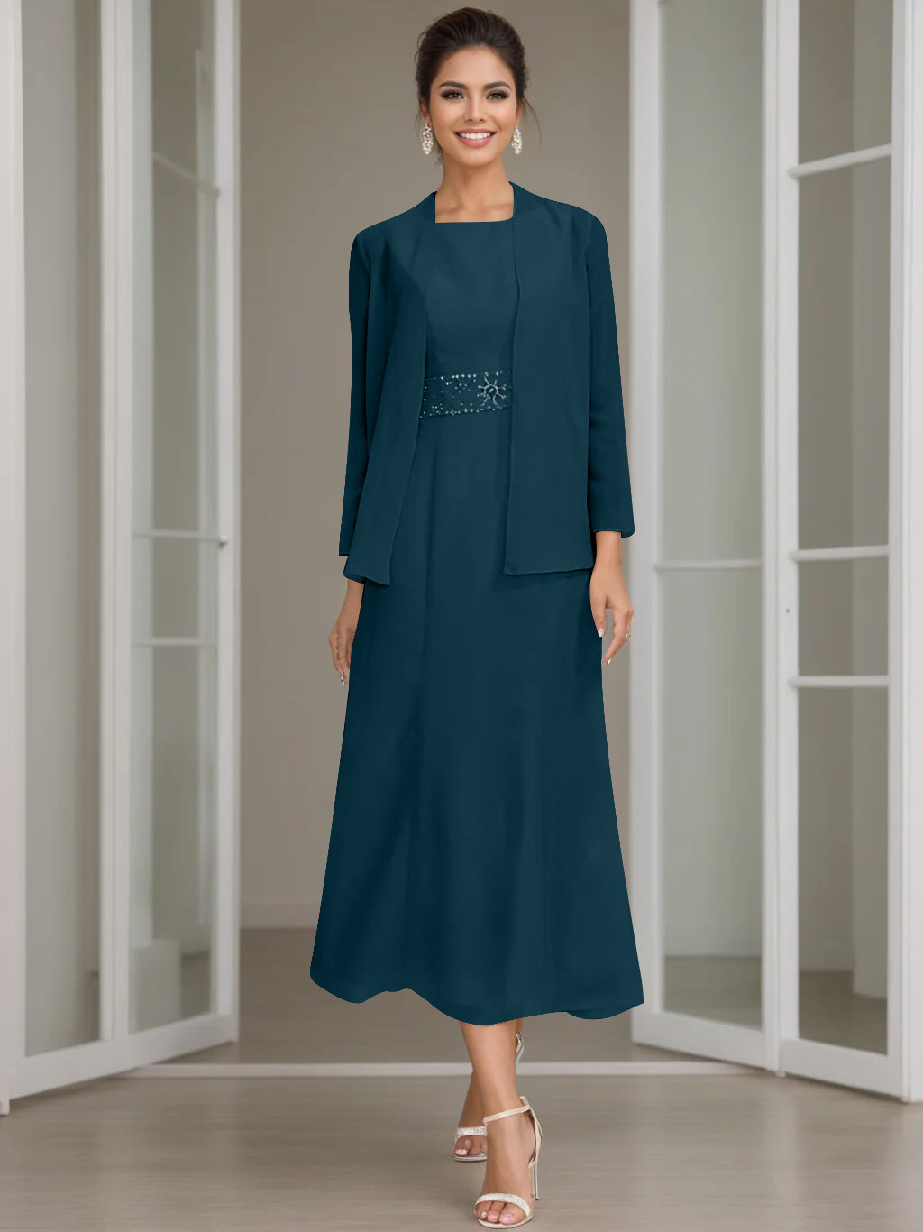 Sheath Column Jewel Neck Tea Length Mother Of The Bride Dresses With Jacket Beading