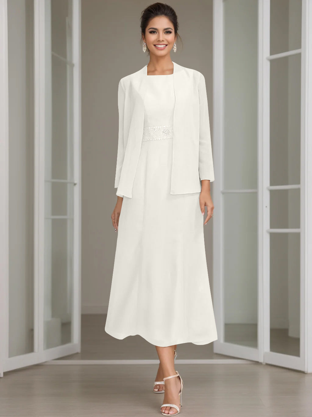 Sheath Column Jewel Neck Tea Length Mother Of The Bride Dresses With Jacket Beading