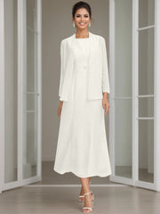 Sheath Column Jewel Neck Tea Length Mother Of The Bride Dresses With Jacket Beading