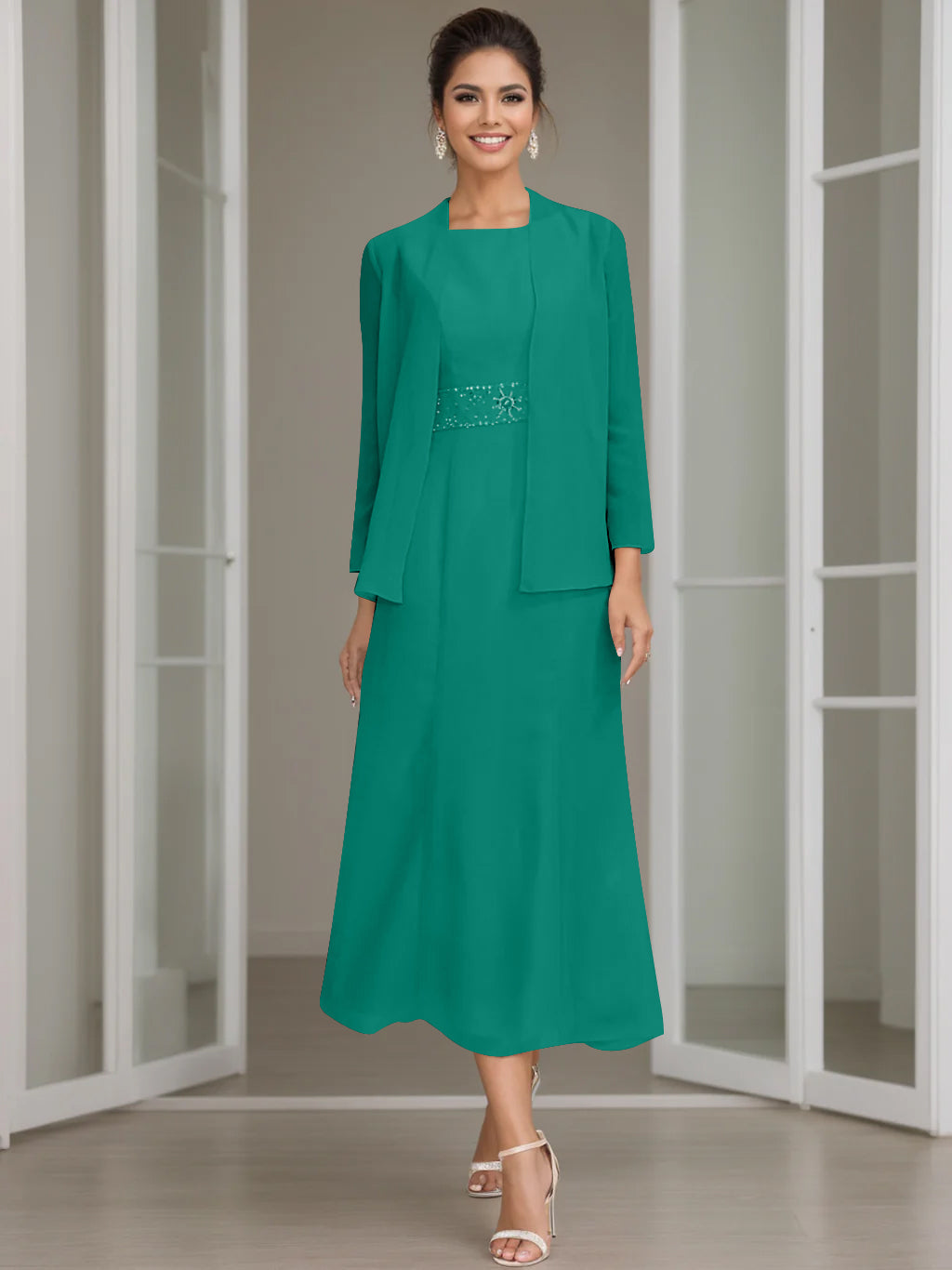 Sheath Column Jewel Neck Tea Length Mother Of The Bride Dresses With Jacket Beading