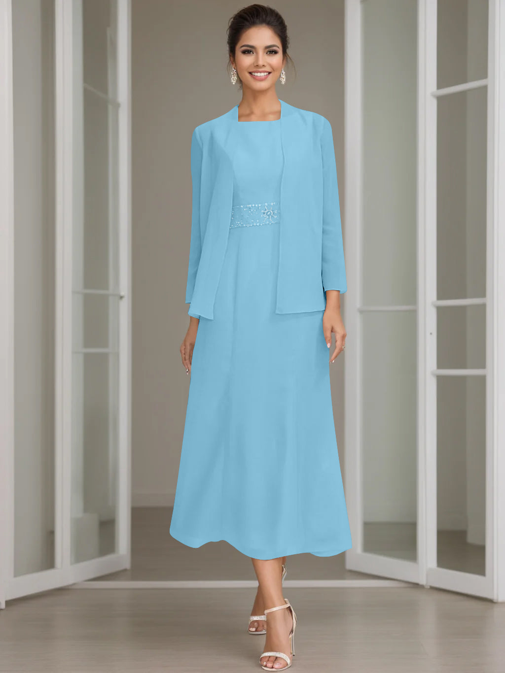Sheath Column Jewel Neck Tea Length Mother Of The Bride Dresses With Jacket Beading