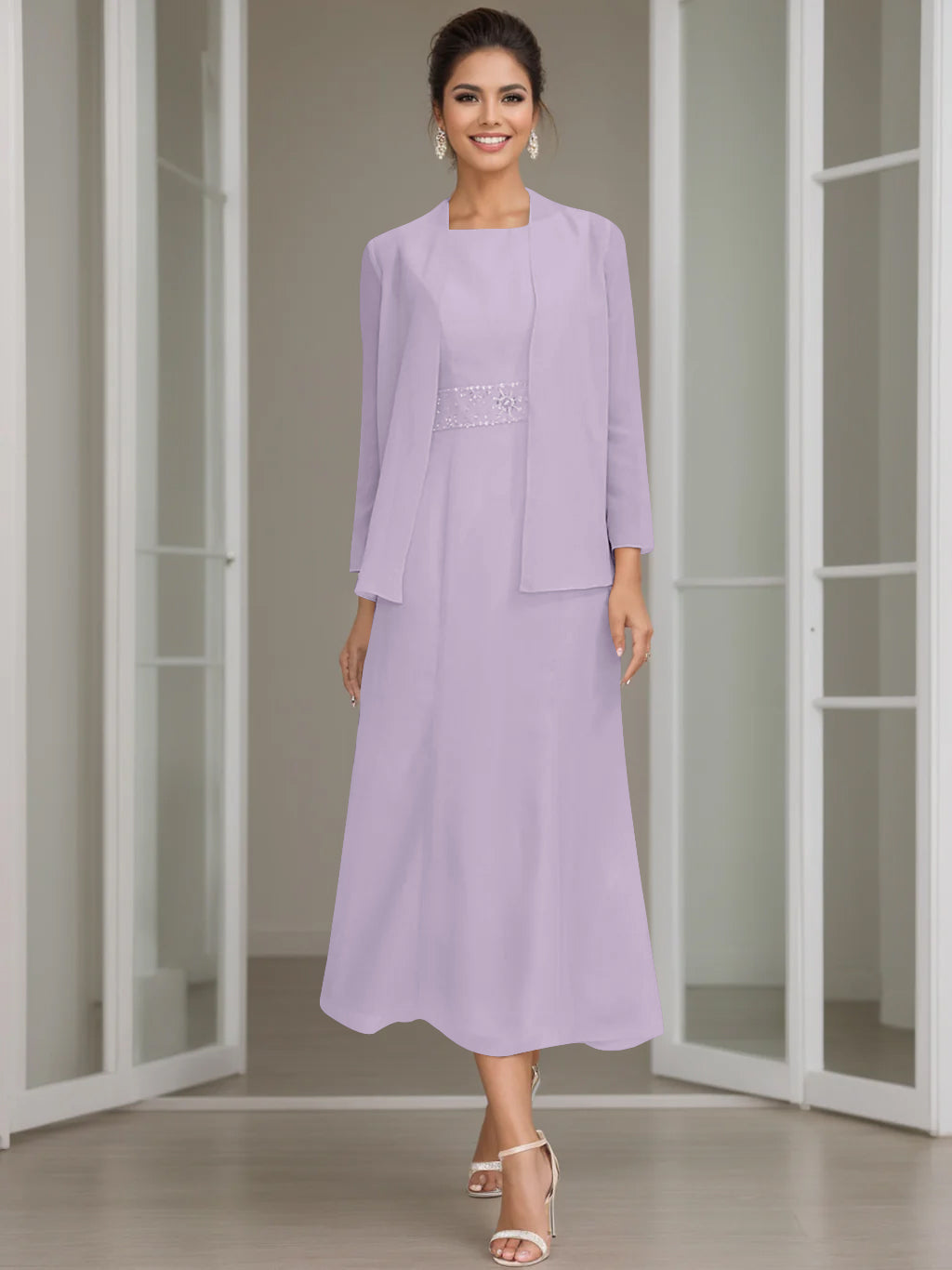 Sheath Column Jewel Neck Tea Length Mother Of The Bride Dresses With Jacket Beading