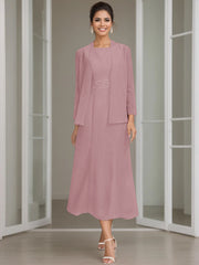 Sheath Column Jewel Neck Tea Length Mother Of The Bride Dresses With Jacket Beading