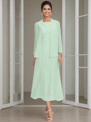 Sheath Column Jewel Neck Tea Length Mother Of The Bride Dresses With Jacket Beading