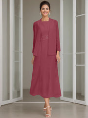 Sheath Column Jewel Neck Tea Length Mother Of The Bride Dresses With Jacket Beading