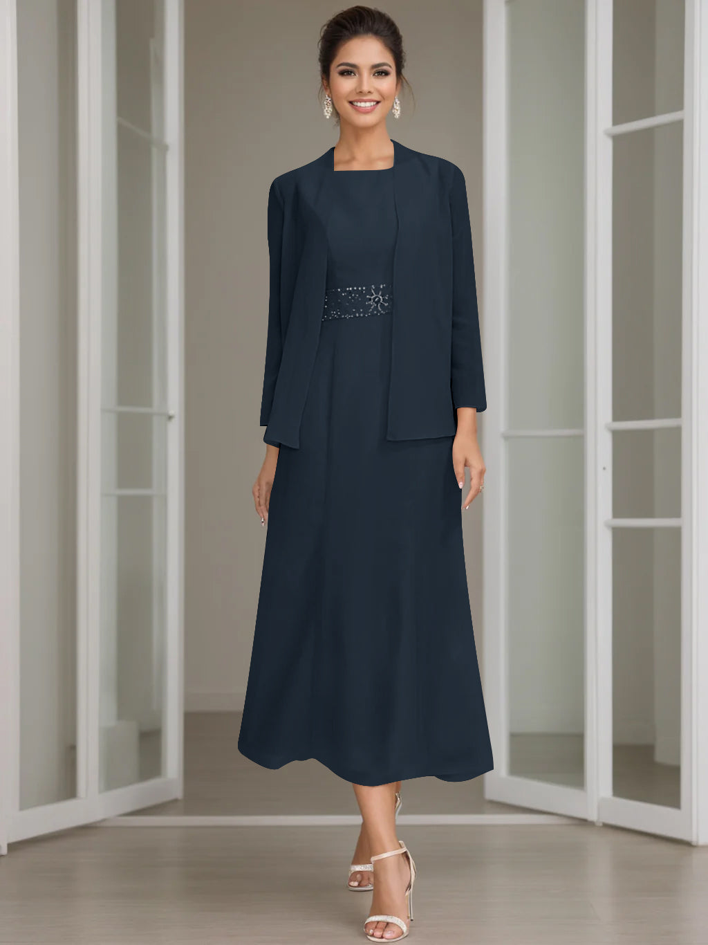 Sheath Column Jewel Neck Tea Length Mother Of The Bride Dresses With Jacket Beading