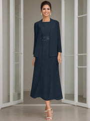 Sheath Column Jewel Neck Tea Length Mother Of The Bride Dresses With Jacket Beading
