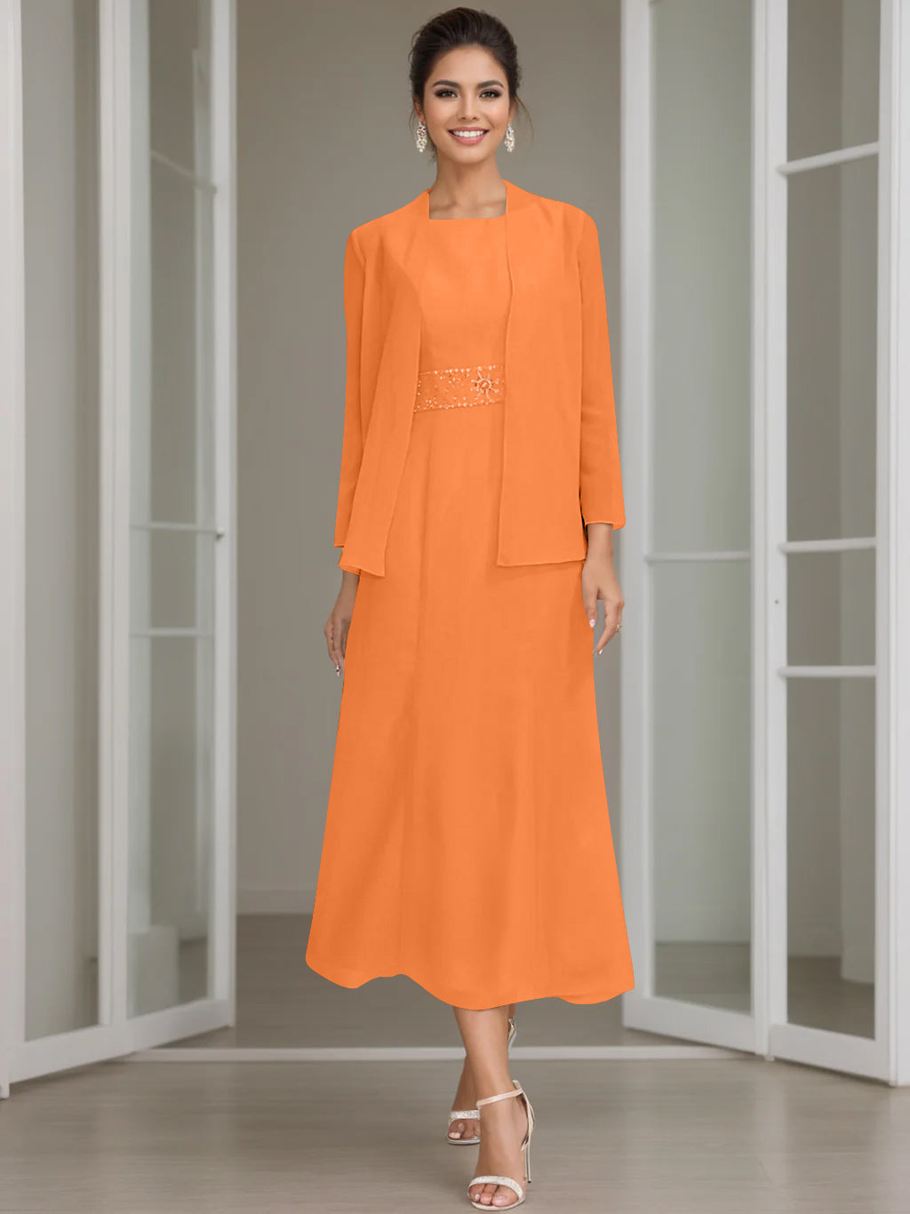 Sheath Column Jewel Neck Tea Length Mother Of The Bride Dresses With Jacket Beading